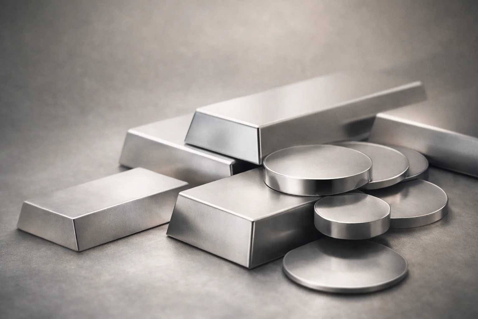 Conceptual artwork of silver and platinum coins and bars in abstract arrangement