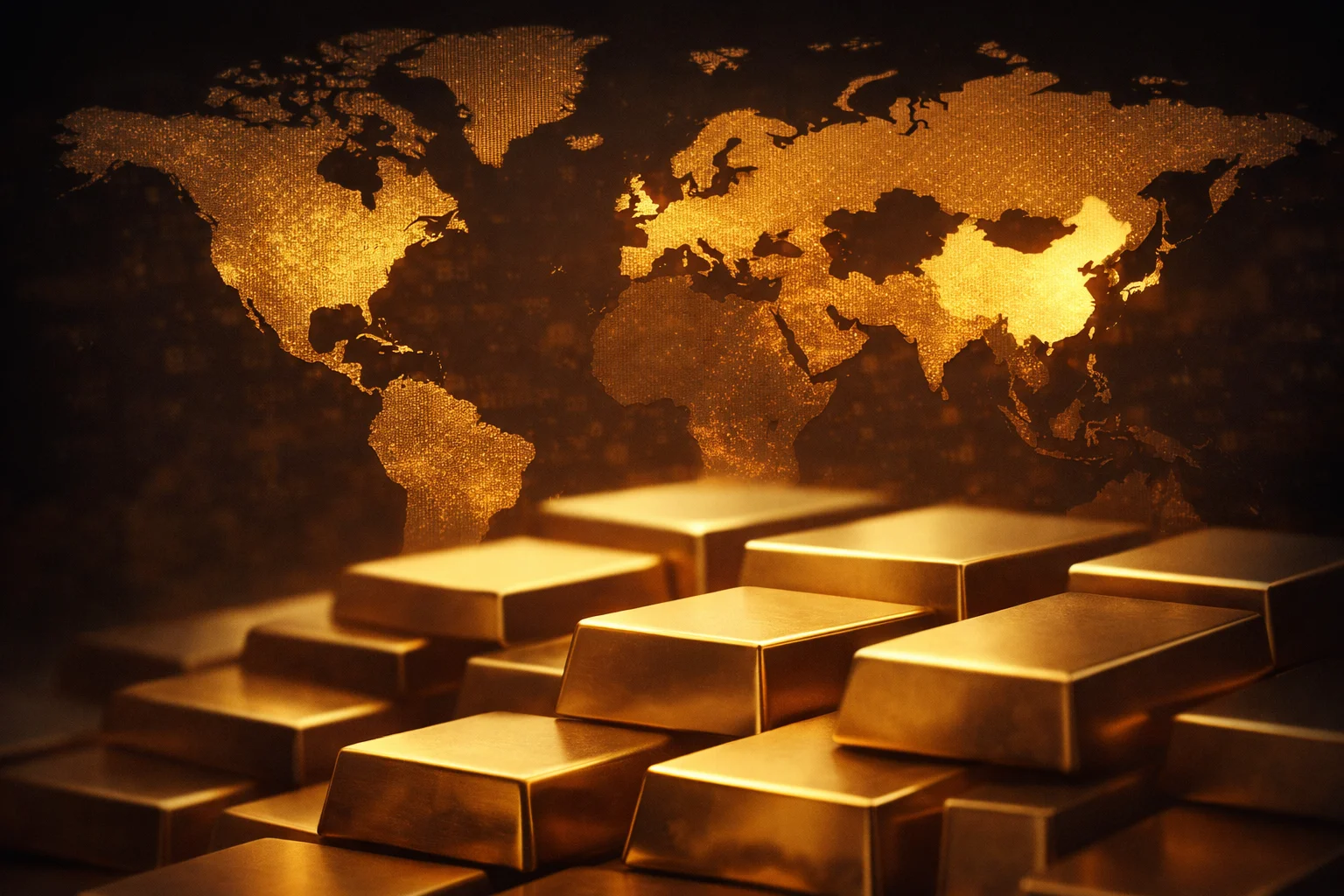 Conceptual image of gold bars overlaying a stylized world map, no people or coins.