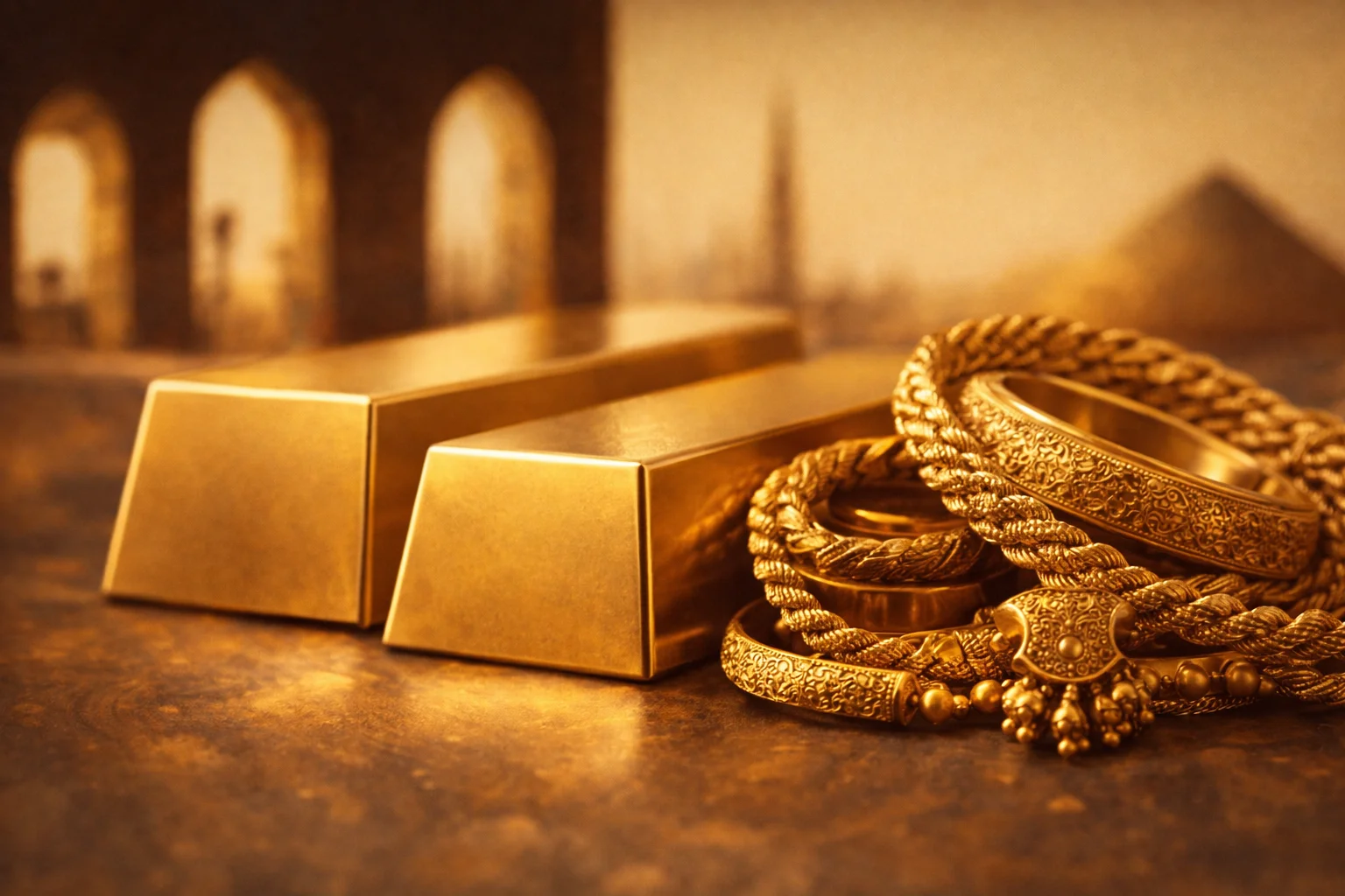 Abstract illustration of gold bars and ornamental jewelry blending together.