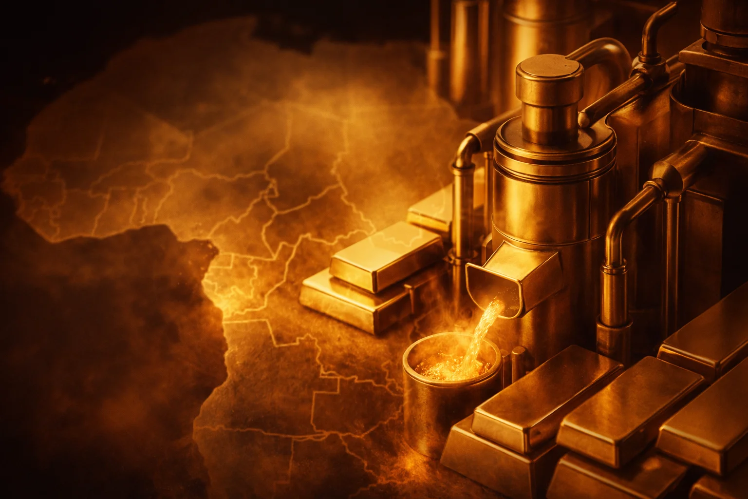 Abstract artwork of gold refinery machinery and refined gold bars.