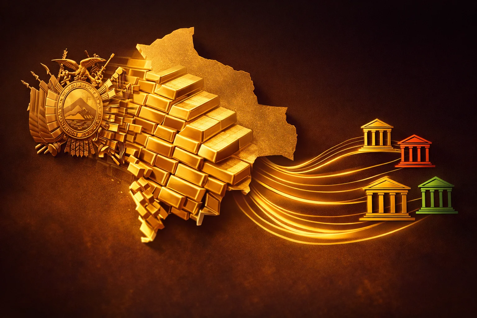 Abstract illustration of gold bars moving from a state emblem toward a map of Bolivia and bank icons.
