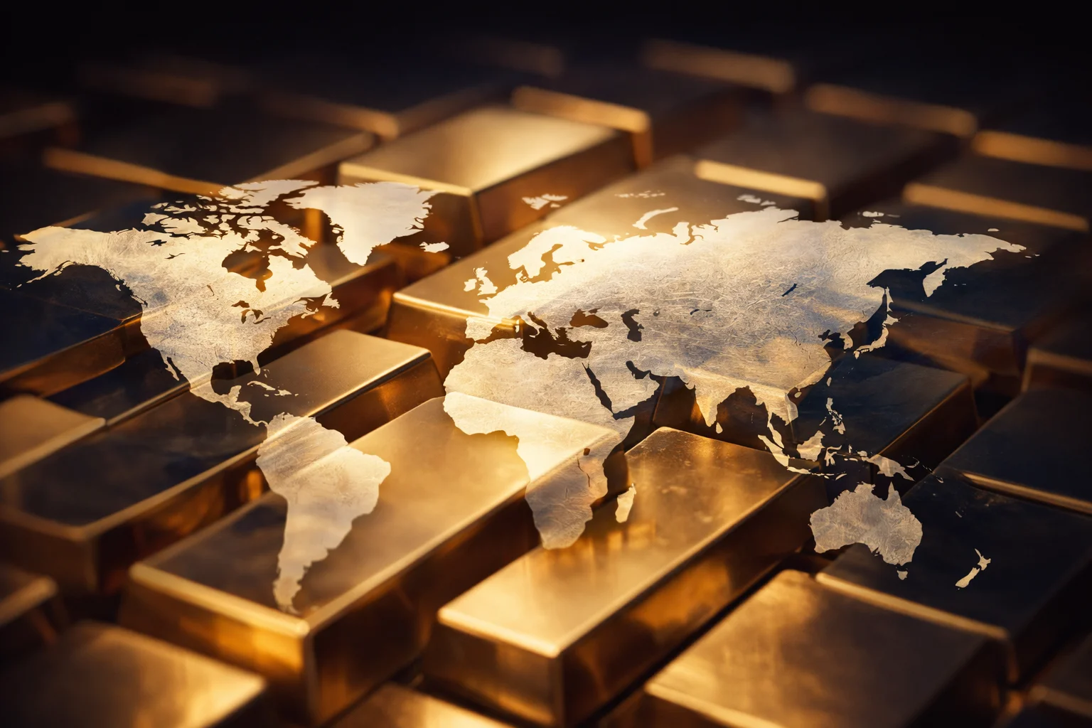 Abstract gold bars set against a simplified world map in metallic hues.