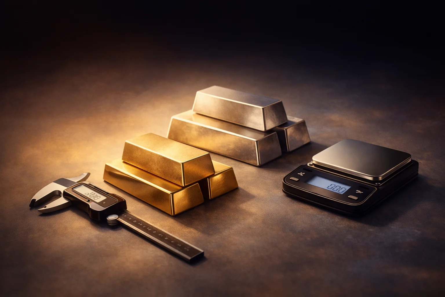 Conceptual artwork showing bullion bars next to calipers and a precision scale.