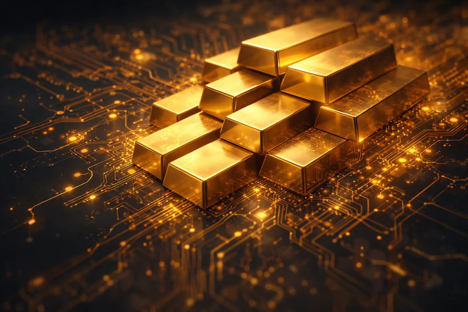 Conceptual art of gold bars integrated with digital elements