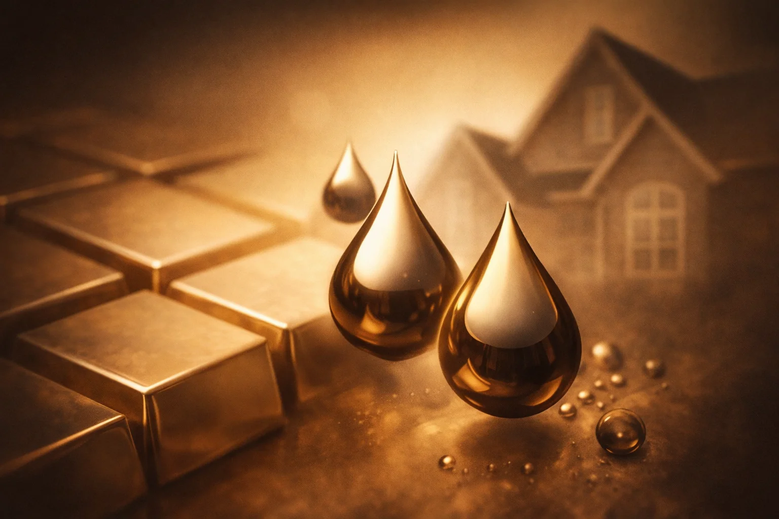 Conceptual artwork illustrating gold, oil, and housing market signals