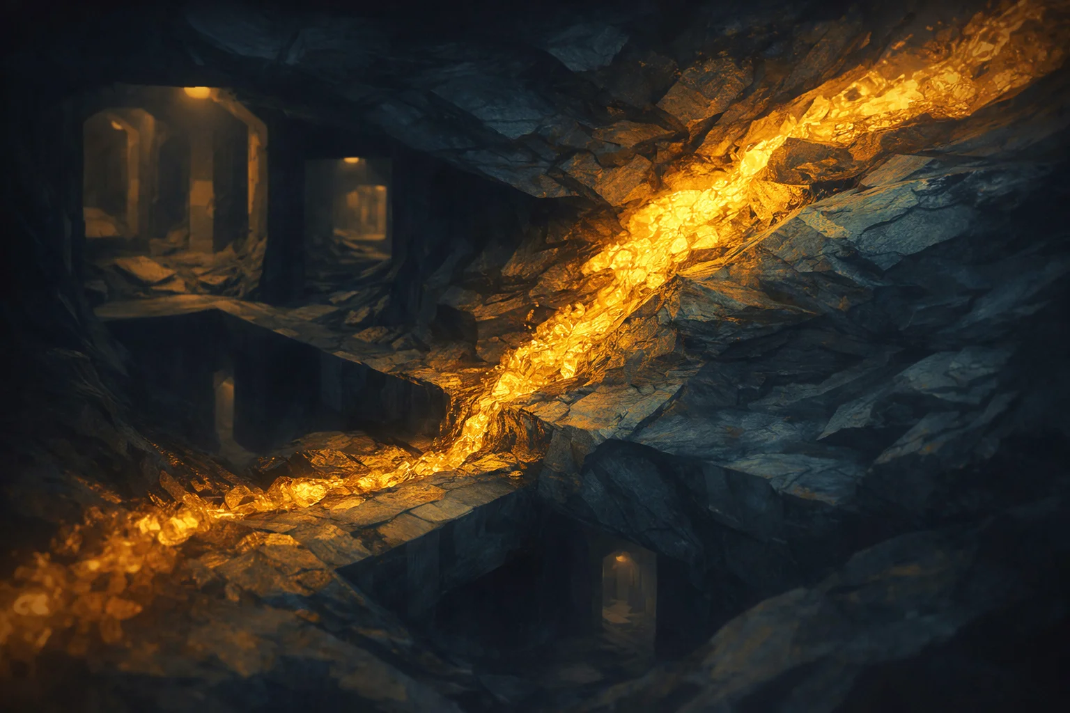Conceptual artwork showing underground gold mine tunnels in blue and gold