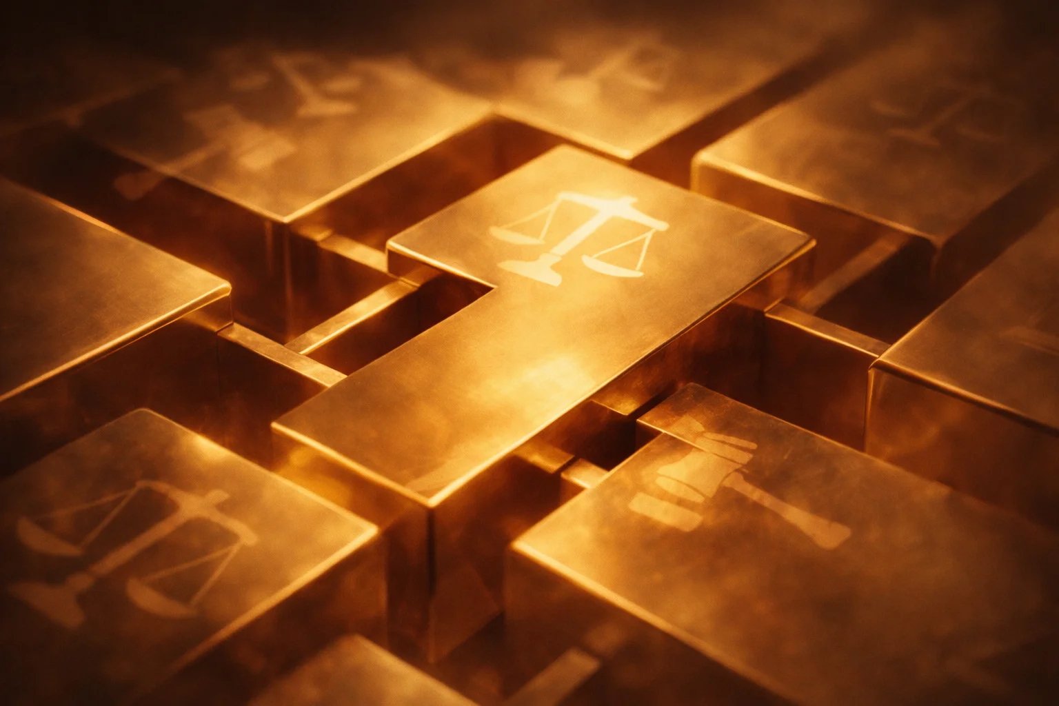 Conceptual artwork of gold bars connected by lines and legal scales