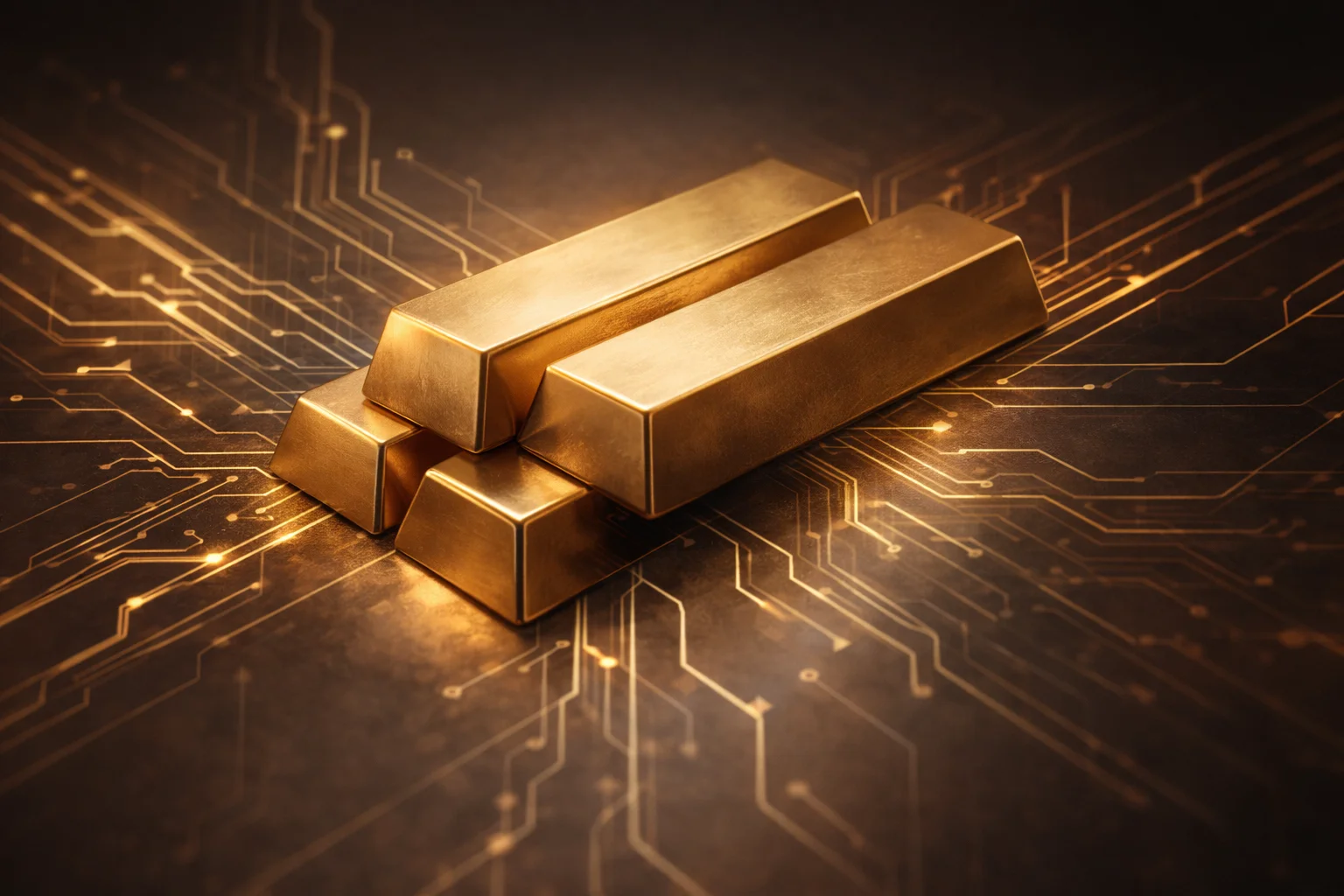 Abstract gold bar shapes with digital lines overlay, neutral palette