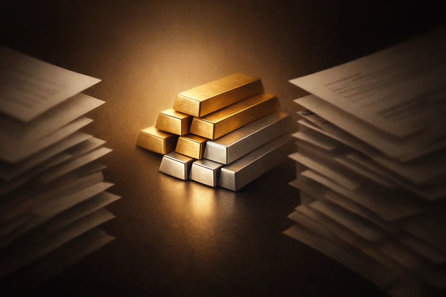 Conceptual image of separated gold and silver bars and paper contracts
