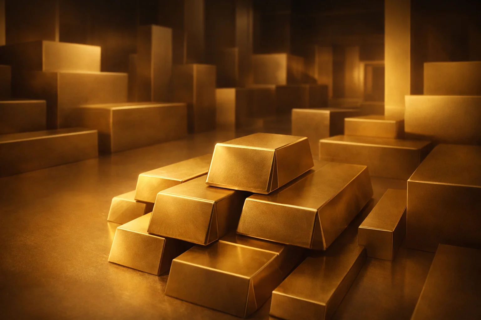Abstract artwork of gold bars arranged in geometric patterns suggesting a warehouse environment