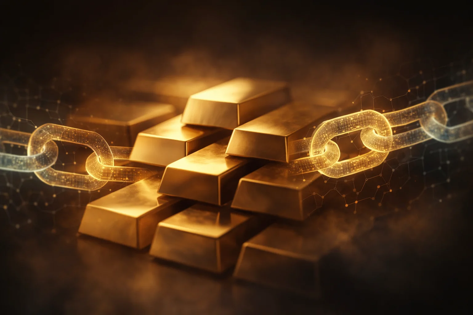 Stylized concept of gold bars connected by digital network lines