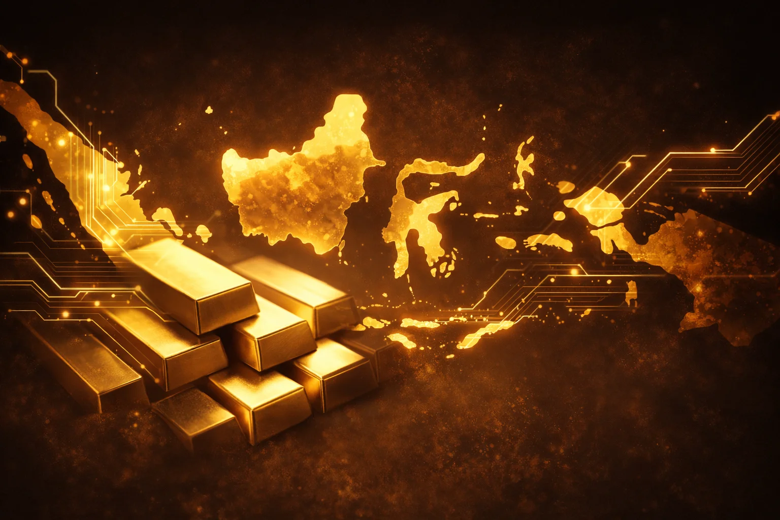 Conceptual illustration with gold bars and digital circuits connecting over a stylized map of Indonesia.