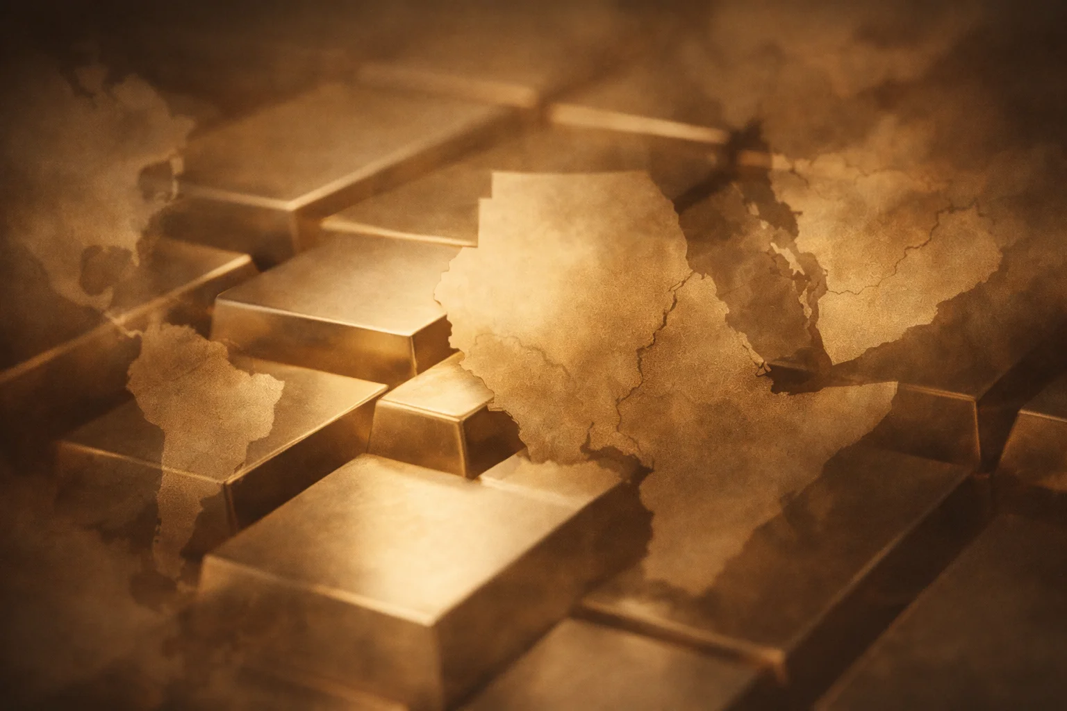Abstract gold bars merging into faint outlines of Sudan and trade routes.