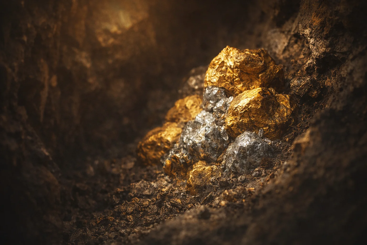 Abstract artwork of gold and silver ore in a stylized Mexican mine setting.